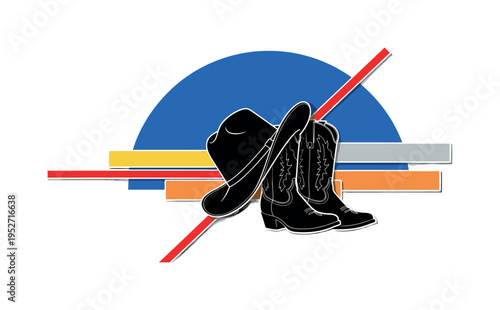 Black and white retro cowboy hat and boots placed centrally, large cobalt blue semicircle backdrop intersected by sharp red diagonal line, abstract rectangular