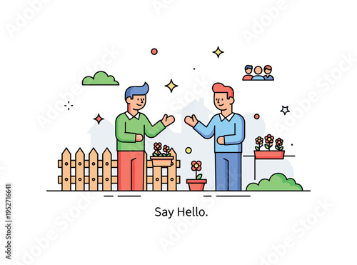 Friendly neighborhood interaction scene centered on two figures chatting near a fence with small flower pots, expressing connection and neighborly