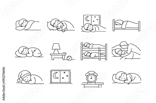 Children Sleeping Soundly in Their Beds. Minimalistic set one-line drawing child tucked under blanket, kid hugging teddy bear, child sleeping with moon above