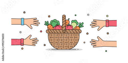 Harvest celebration woven basket filled with bright vegetables while family hands reach in from different sides. A joyful visual metaphor for shared reward and
