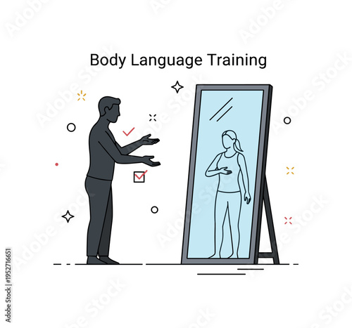 Body language training silhouette practicing open gestures in front of a mirror with subtle check marks highlighting posture and stance. A concise illustration