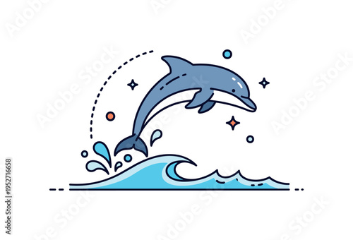 Dolphin jump graceful dolphin arcing above a calm ocean wave with small splash droplets forming a soft semicircle around it. A lively marine concept badge