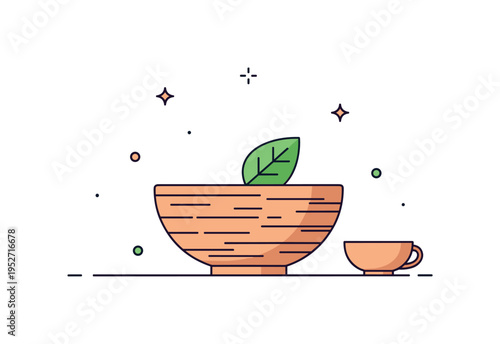 Empty wooden bowl minimal table setting with a single leaf resting inside, expressing calm, balance and connection to nature. A compact editorial badge about
