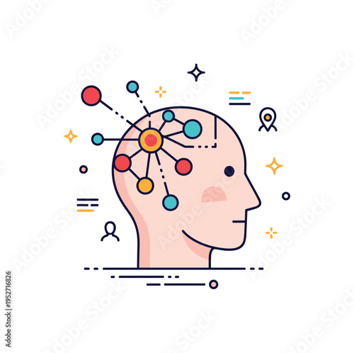 Artificial intelligence advancement represented by a simplified human head silhouette combined with neural network nodes and connecting lines, symbolizing