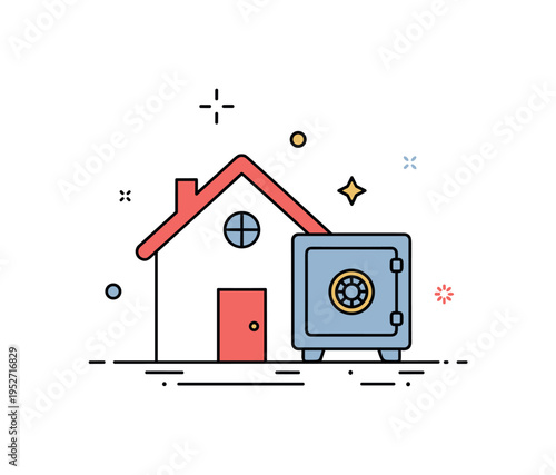 Safe storage in home environment shown by a small house paired with a simplified safe box icon, symbolizing secure valuables and responsible protection. The