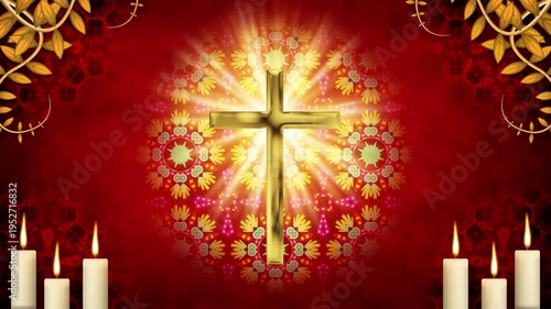 The holy symbol radiates intense light across the richly decorated red space. Symmetrical burning candles bring a deep sense of peaceful reverence.