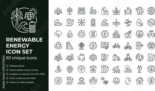 Renewable energy line icon set with solar panels wind turbines electric vehicles and sustainable power technology symbols
