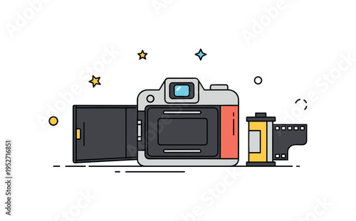 Film roll replacement scene showing a small camera body with an open back and a neatly placed roll of film beside it. A simple yet expressive badge style