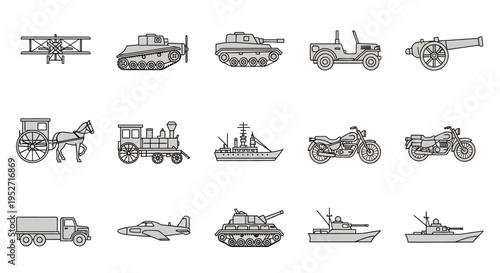 Monochrome pixel art icons of various vintage and military vehicles including tanks, planes, ships, and cars.