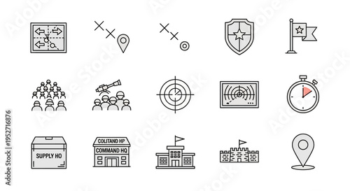 A collection of military strategy and operations line icons, including maps, targets, troops, bases, and supply logistics.