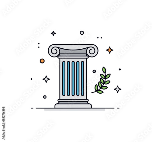 Ancient civilization study theme centered on a minimal column silhouette with a small laurel wreath accent beside it. The composition conveys classical