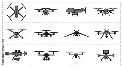 A comprehensive collection of various drone types and unmanned aerial vehicles depicted as icons.