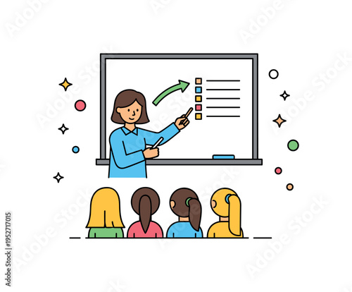 Silent instruction technique illustrated by a teacher using clear hand motion arrows near a board while students follow attentively, expressing coordination,