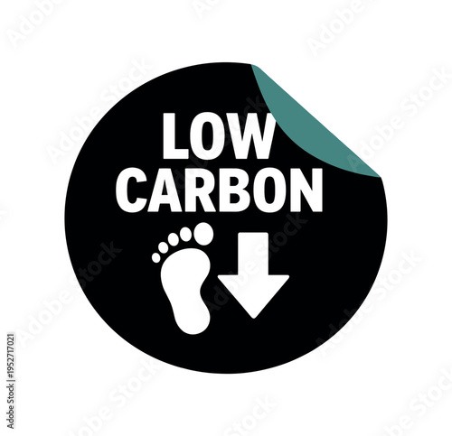 Black circular sticker showing a footprint and down arrow with "low carbon" text.