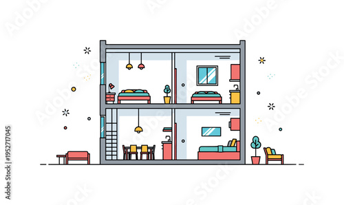 Smart prefab interior layout cutaway view of a modular home section revealing simplified rooms arranged in a clean grid. A concise editorial scene about