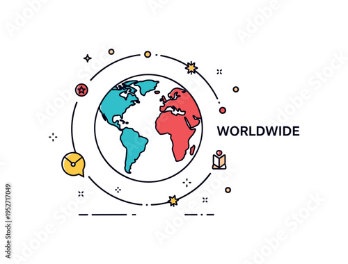 Minimal earth icon featuring bold continent shapes centered within a simple circular frame. A subtle ?Worldwide? text accent and tiny decorative dots complete