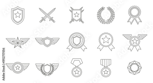 Collection of outline icons representing military badges, awards, medals, and heraldic symbols on a white background.