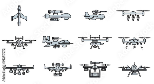 A comprehensive collection of various drone types and unmanned aerial vehicles, showcasing different designs for surveillance and aerial operations.