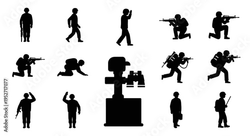 Collection of black silhouette icons depicting soldiers in various military poses and an observation post.