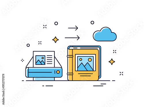 Digitizing and organizing printed photos concept shown with a scanner icon beside a physical album and small cloud symbol, symbolizing modern preservation of