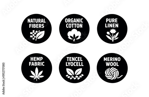 Six black circular badges showing fabric labels like natural fibers organic cotton hemp and merino wool