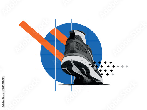 Black and white close-up of running shoes hitting the ground, large flat blue circle intersected by thin grid lines suggesting track lanes, bright orange
