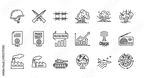 A collection of line art icons representing themes of war, peace, politics, economy, industry, and global communication.