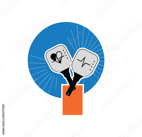 Black and white defibrillator paddles held mid-air, large blue circular halo intersecting upper frame, orange rectangular block anchoring base, thin radiating