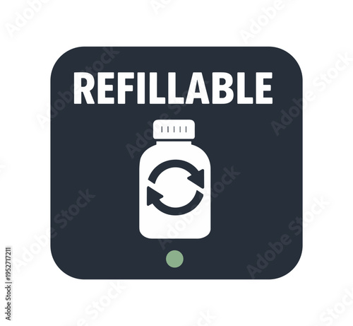 Dark rounded square icon showing a bottle with circular refill arrows and "refillable" label