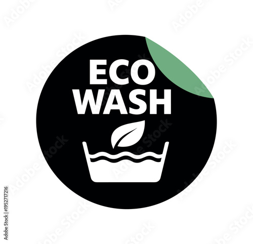 Circular black badge reading eco wash with leaf over a washing basin icon and green peel