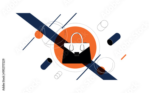 Black and white retro handbag with structured silhouette, bright orange circular halo behind it, thin navy diagonal stripe slicing composition, floating