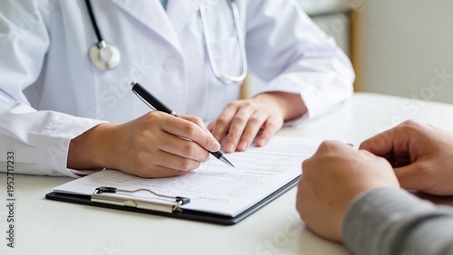 Close-up of a doctor assisting a patient. A healthcare scene with a doctor in a white coat reviewing medical paperwork at a clinic desk.
