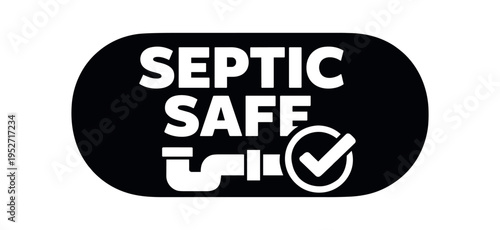 Black rounded rectangle badge showing a pipe and check mark with the words septic safe