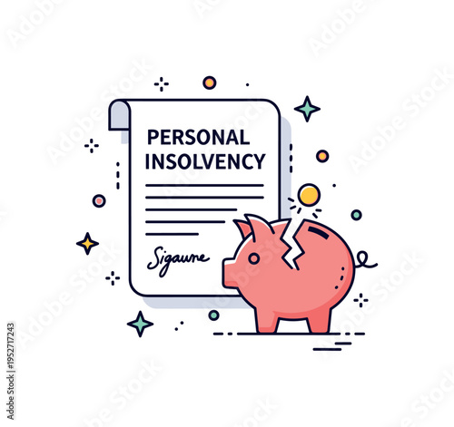Personal insolvency filing scene visualized through a single document with signature line and a broken piggy bank icon beside it, symbolizing financial