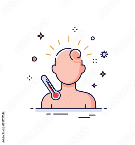 Fever response mechanism centered on a human figure with a small thermometer and warm glow accents around the head area, symbolizing the body raising