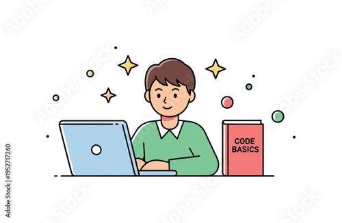 Learning to code student seated at desk with laptop and small book labeled Code Basics, star accents suggesting progress and curiosity. A warm editorial badge