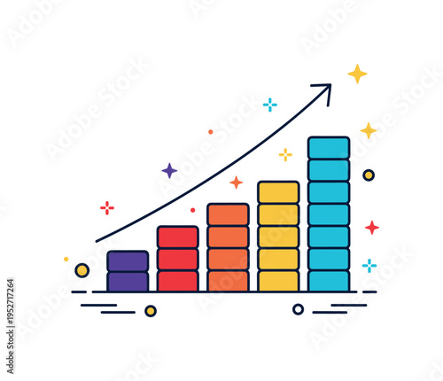 Financial growth slope visualized by stacked bars forming an ascending diagonal pattern, communicating steady progress and investment returns. The clean