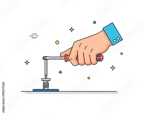Tightening a loose screw close up of a hand turning a screwdriver into a slightly raised screw on a flat surface, expressing precision, simple repair and