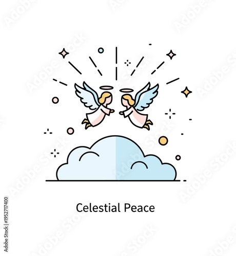 Winged angels floating above clouds illustration with a pair of angels hovering over a soft rounded cloud base, subtle light rays radiating upward to express