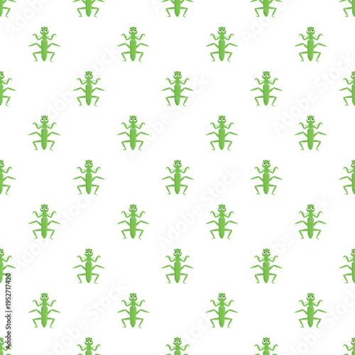 Green cartoon mantis repeating across a white background in a seamless pattern