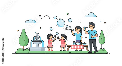 Family enjoying bubble blowing fun in a backyard with a small fountain and picnic setup, bubbles reflecting sunlight and adding cheerful motion. Minimalist