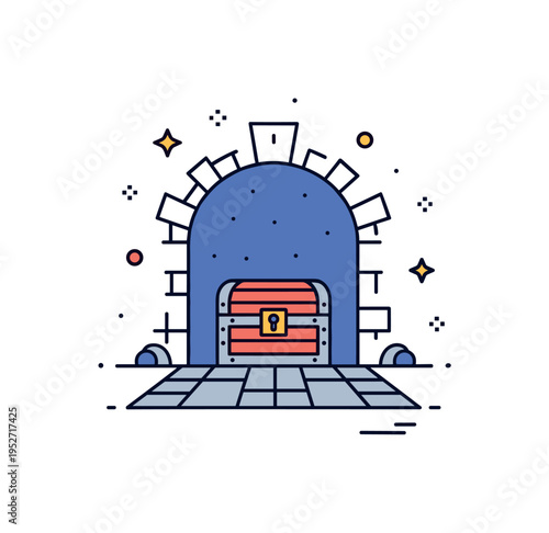 Dungeon treasure room concept illustrated by a small chest placed on stone floor with subtle arch ceiling above, expressing discovery and reward within a