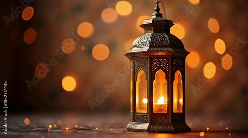 Ornate metal lantern with a glowing candle creates a warm, festive atmosphere with bokeh lights.