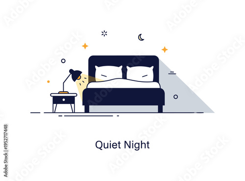 Interior bedroom serenity scene centered on a simple bed silhouette with soft pillows and a small bedside lamp casting a gentle shadow, conveying rest and calm