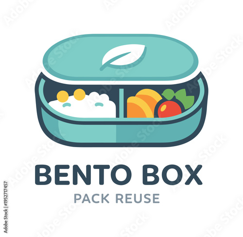 A reusable bento box with compartments showing rice and fruit and a leaf emblem on the lid above the text promoting pack reuse.