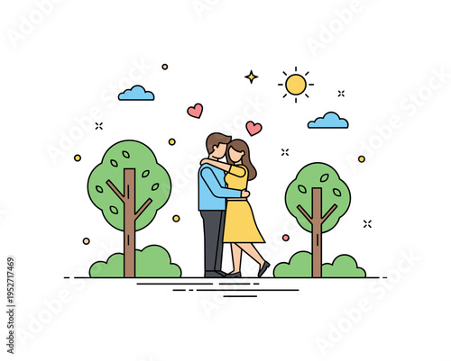 Couple embracing in city park standing close under leafy trees, expressing warmth and emotional connection in a relaxed public setting. A compact visual