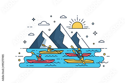 Adventure travel mountain lake colorful kayaks moving across luminous blue water beneath crisp geometric peaks and a rising sun accent. A bold concept badge