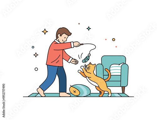 Playing with a cat on a cozy living room carpet, using a feather toy while the cat leaps and swats, illustrating playful energy and affectionate bonding.