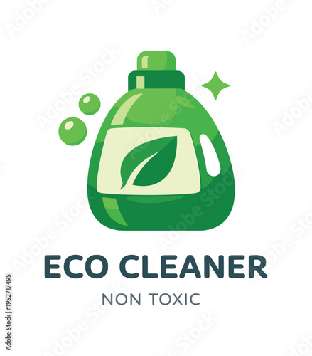 Green cleaning bottle with leaf label and bubbles an eco cleaner product labeled non toxic, bright flat vector illustration
