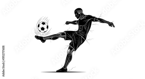 dynamic male soccer player powerfully kicking a ball revealing anatomical muscle structure for athletic performance concepts